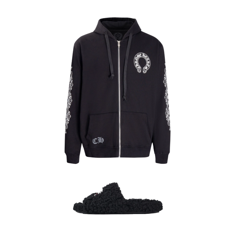 Balenciaga Black Furry Slides + CHROME HEARTS Hoodie K5001