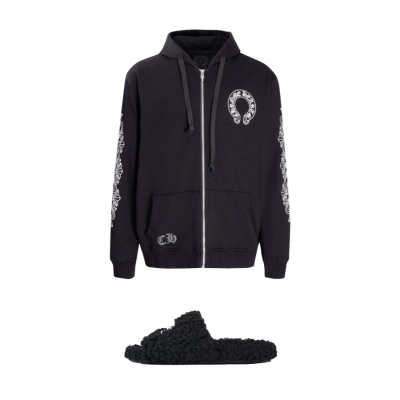 Balenciaga Black Furry Slides + CHROME HEARTS Hoodie K5001 01