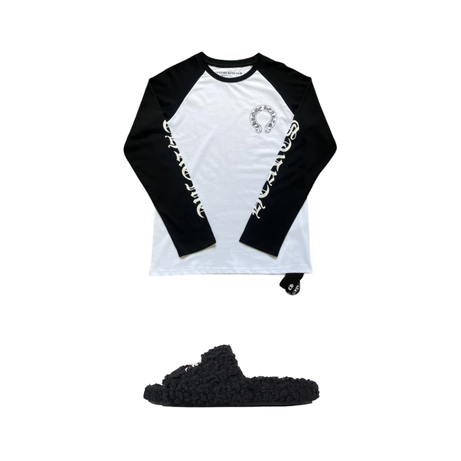 Balenciaga Black Furry Slides + CHROME HEARTS Sweatshirt K9003
