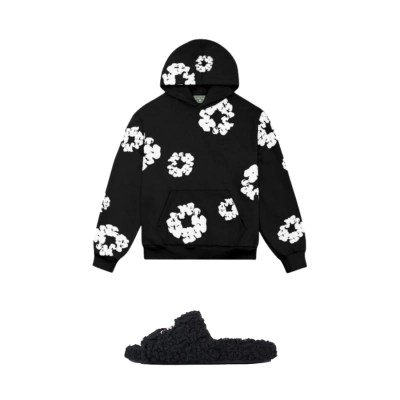 Balenciaga Black Furry Slides + Denim Tears The Cotton Wreath Hoodie Black SS23 01