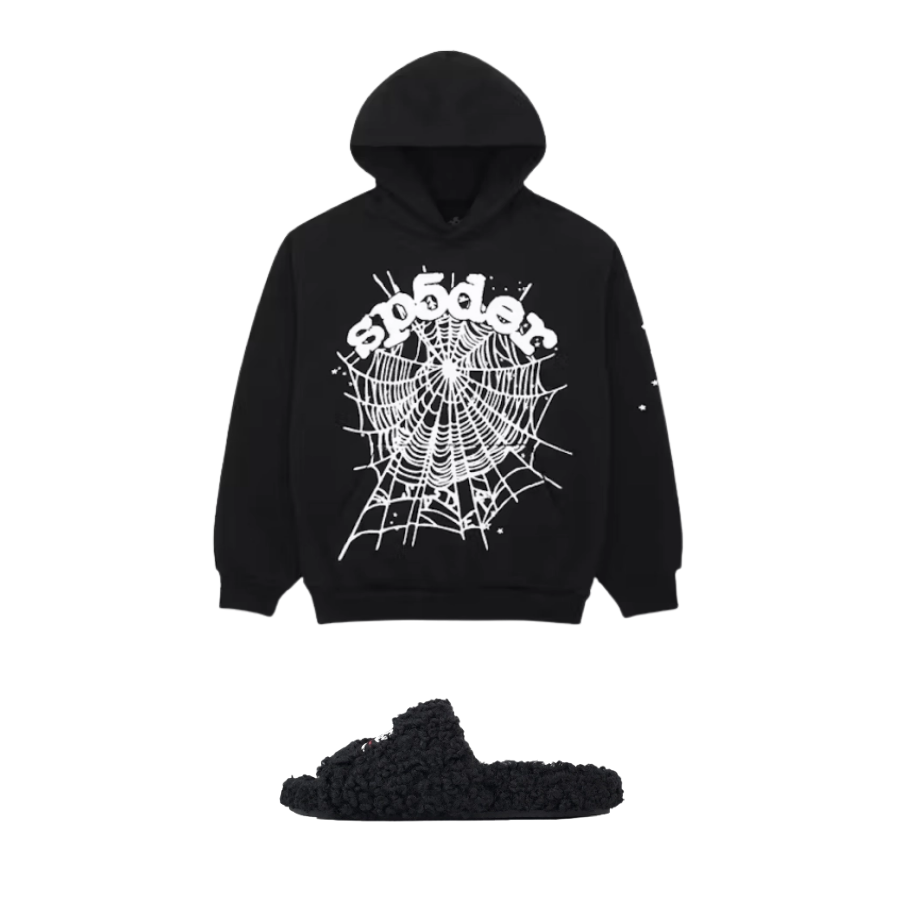 Balenciaga Black Furry Slides + Spider Worldwide Black OG Web Hoodie YZ GE939