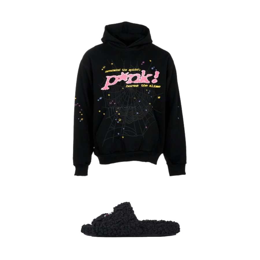 Balenciaga Black Furry Slides + Sp5der P_NK Hoodie Black YZ EG912