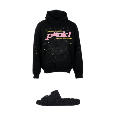 Balenciaga Black Furry Slides + Sp5der P_NK Hoodie Black YZ EG912 01