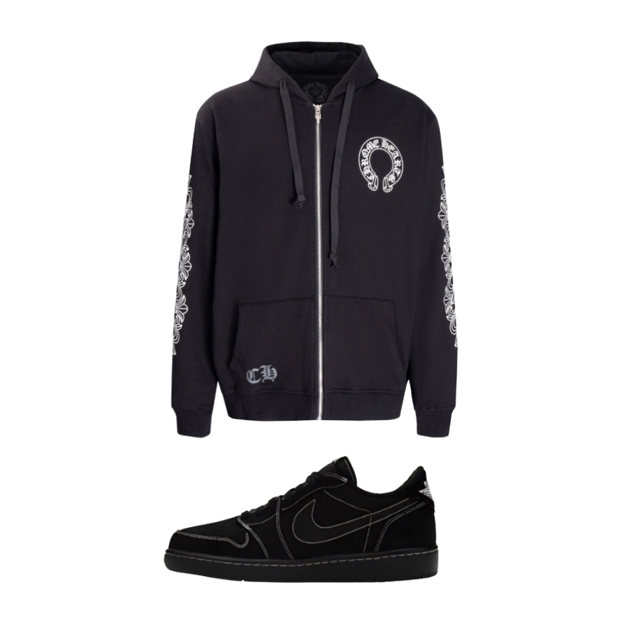 【$59 High Cost Effective】Air Jordan 1 Retro Low OG SP Travis Scott Black Phantom DM7866-001 + CHROME HEARTS Hoodie K5001