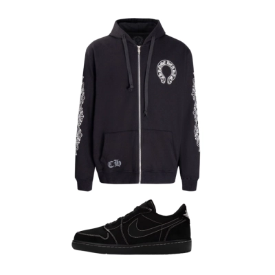 【$59 High Cost Effective】Air Jordan 1 Retro Low OG SP Travis Scott Black Phantom DM7866-001 + CHROME HEARTS Hoodie K5001 01