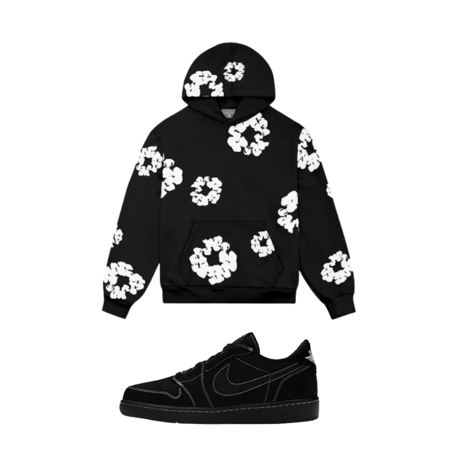 【$59 High Cost Effective】Air Jordan 1 Retro Low OG SP Travis Scott Black Phantom DM7866-001 + Denim Tears The Cotton Wreath Hoodie Black SS23