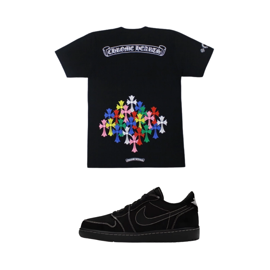 【$59 High Cost Effective】Air Jordan 1 Retro Low OG SP Travis Scott Black Phantom DM7866-001+ Chrome Hearts Multi Color Cross T-shirt Black_White 