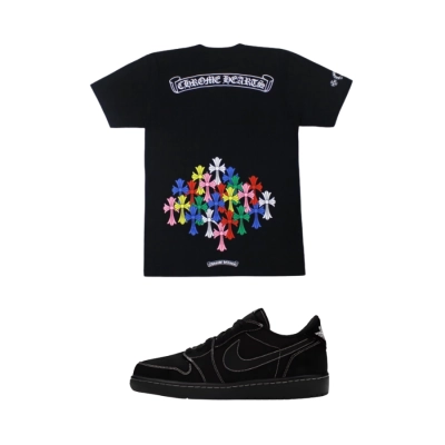【$59 High Cost Effective】Air Jordan 1 Retro Low OG SP Travis Scott Black Phantom DM7866-001+ Chrome Hearts Multi Color Cross T-shirt Black_White  01