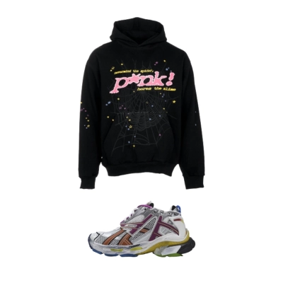 Balenciaga Runner Multicolor 677403W3RB68123 + Sp5der P_NK Hoodie Black YZ EG912 01