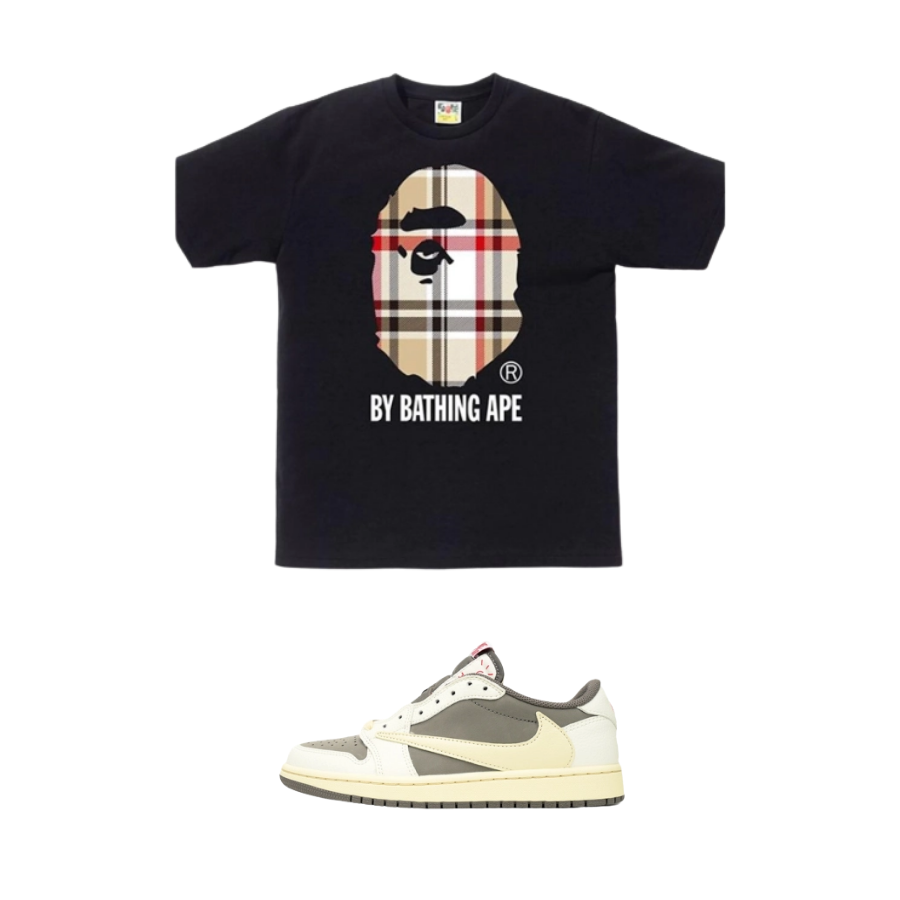 BAPE A Bathing Ape Check by Bathing Tee White_Beige +【$59 High Cost Effective】Air Jordan 1 Retro Low OG SP _Travis Scott Reverse Mocha_ DM7866-162