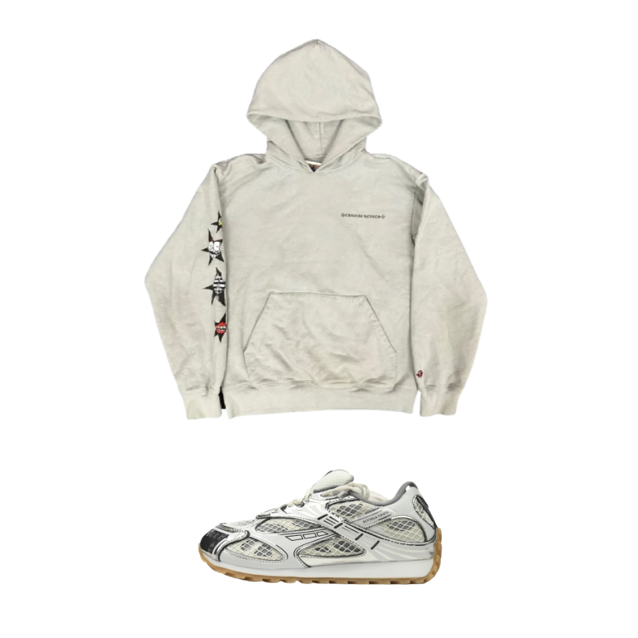 Bottega Veneta Orbit Silver White + Chrome Hearts Matty Boy Hoodie Grey