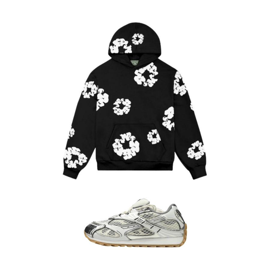 Bottega Veneta Orbit Silver White +Denim Tears The Cotton Wreath Hoodie Black SS23
