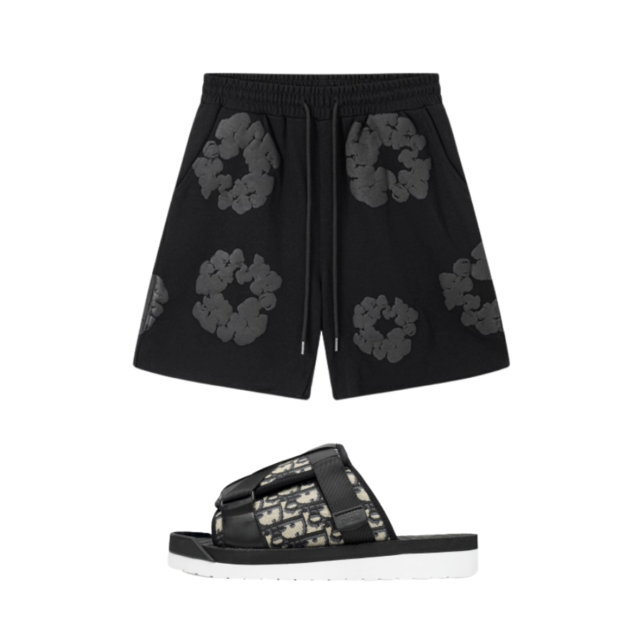 DIOR ALPHA Sandals 3SA081YXV_H961 + Denim Tears The Cotton Wreath Shorts Black Grey