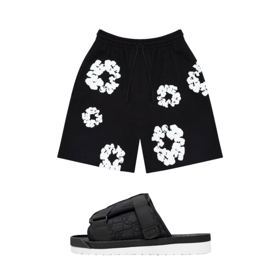 Dior Alpha Slide Black 3 SH118YJR TOO853 H069 + Denim Tears The Cotton Wreath Shorts Black