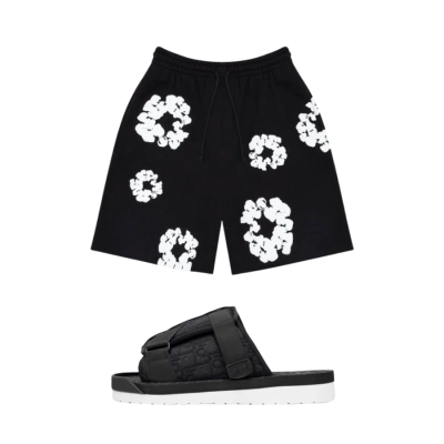 Dior Alpha Slide Black 3 SH118YJR TOO853 H069 + Denim Tears The Cotton Wreath Shorts Black 01
