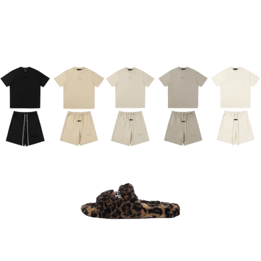 Fear of God Essentials Shorts & T-shirts Set CX101LC2989988+ Balenciaga Furry Slides 'Leopard' CK20241225