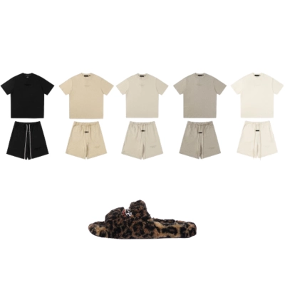 Fear of God Essentials Shorts & T-shirts Set CX101LC2989988+ Balenciaga Furry Slides 'Leopard' CK20241225 01