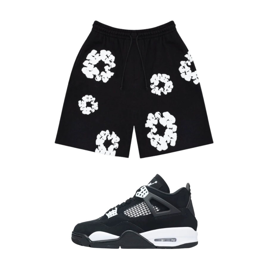 PK God Batch Nike Air Jordan 4 Retro White Thunder FQ8138-001 + Denim Tears The Cotton Wreath Shorts Black