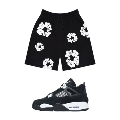 PK God Batch Nike Air Jordan 4 Retro White Thunder FQ8138-001 + Denim Tears The Cotton Wreath Shorts Black 01