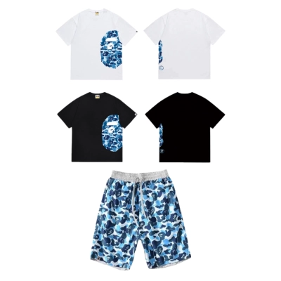 Bape T-Shirt Black_White_Gray_Khaki_Navy Blue EG 1312 + BAPE Fashion Camouflage Shorts 01