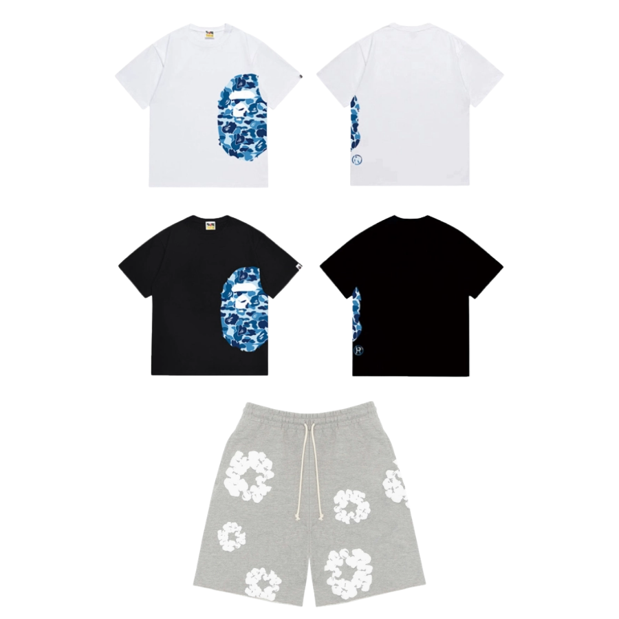 Bape T-Shirt Black_White_Gray_Khaki_Navy Blue EG 1312 + Denim Tears The Cotton Wreath Shorts Grey