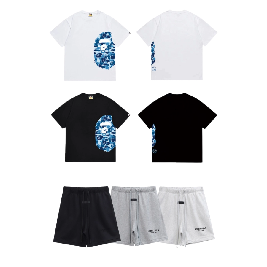 Bape T-Shirt Black_White_Gray_Khaki_Navy Blue EG 1312 + Fear of God Essentials Shorts CX58 LC8893
