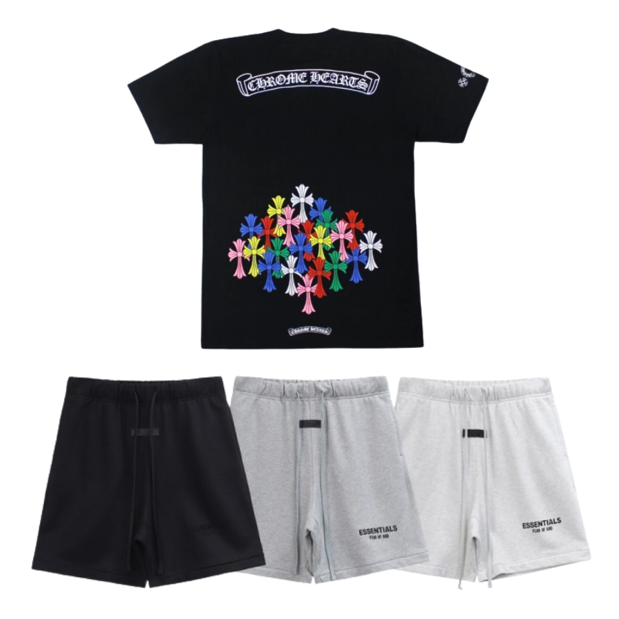 Chrome Hearts Multi Color Cross T-shirt Black_White + Fear of God Essentials Shorts CX58 LC8893