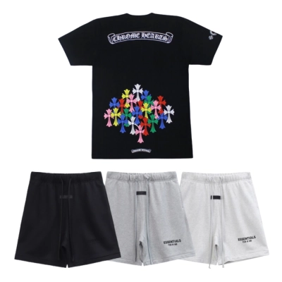 Chrome Hearts Multi Color Cross T-shirt Black_White + Fear of God Essentials Shorts CX58 LC8893 01