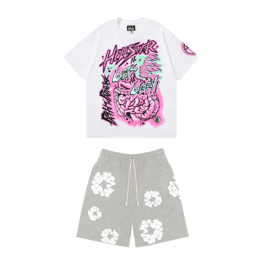 Hellstar T-shirt 505 + Denim Tears The Cotton Wreath Shorts Grey