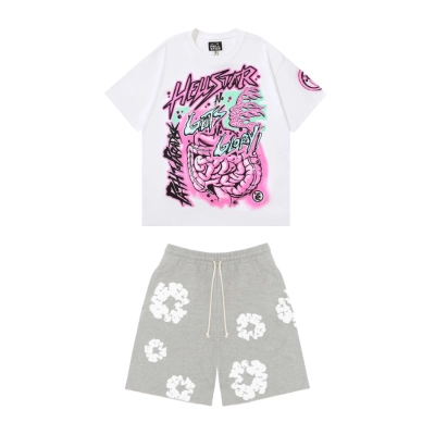 Hellstar T-shirt 505 + Denim Tears The Cotton Wreath Shorts Grey 01