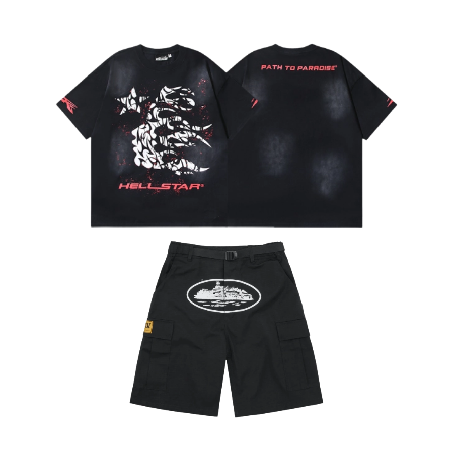 Hellstar T-Shirt Washed Black (NFC) EG692 + Corteiz Alcatraz Cargo Shorts Black