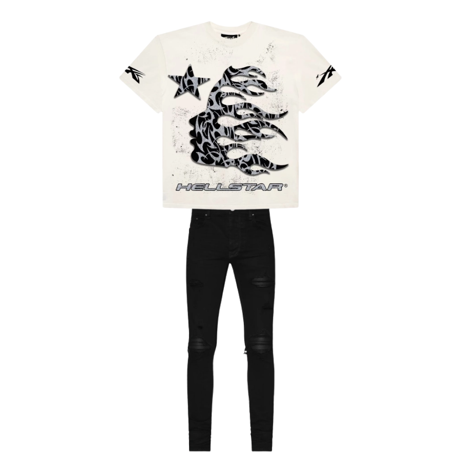 Hellstar Thorn Glitter T-Shirt White + Amiri Black MX1 Jeans