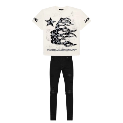 Hellstar Thorn Glitter T-Shirt White + Amiri Black MX1 Jeans 01