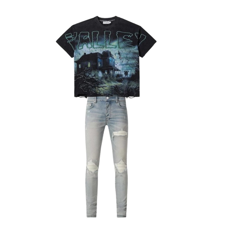 Vale Forever Horror Tee 'Black_Green' + Amiri Jean MX1 Ultrasuede Antique Indigo AMDNSY1055-406