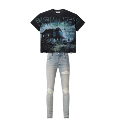 Vale Forever Horror Tee 'Black_Green' + Amiri Jean MX1 Ultrasuede Antique Indigo AMDNSY1055-406 01