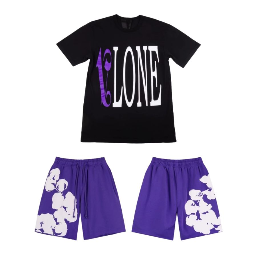 Vlone x Palm Angels T-Shirt Purple_Black + Denim Tears Big Cotton Wreath Shorts #8671 Black_Grey_Purple