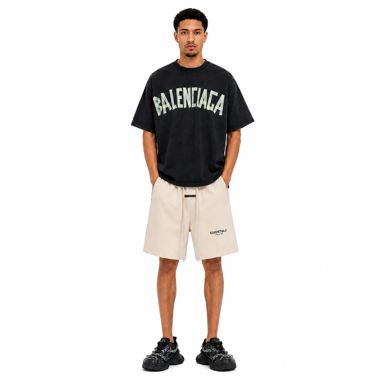 Balenciaga Masking Tape T-shirt Black + Fear of God Essentials Reflective Short CX55 LC8815