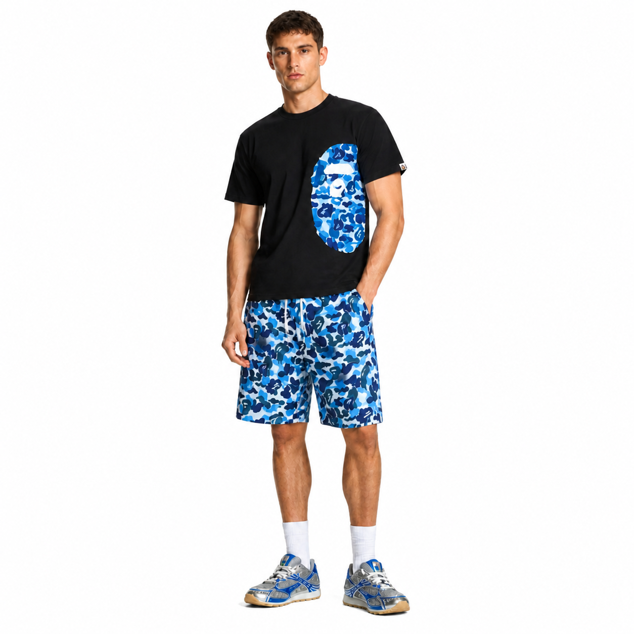Bape T-Shirt Black_White_Gray_Khaki_Navy Blue EG 1312 + BAPE Fashion Camouflage Shorts