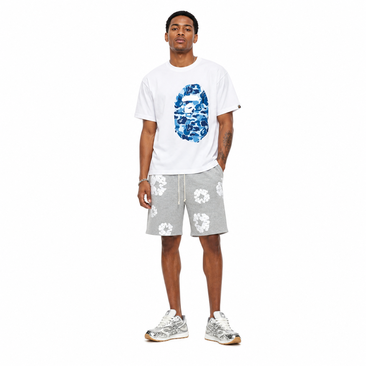 Bape T-Shirt Black_White_Gray_Khaki_Navy Blue EG 1312 + Denim Tears The Cotton Wreath Shorts Grey