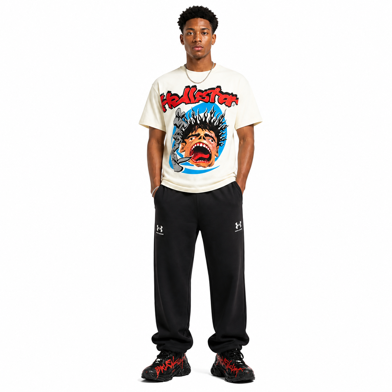 Hellstar Studios Screaming Kid T-shirt White + Balenciaga Under Armour Baggy Sweat Pants Black