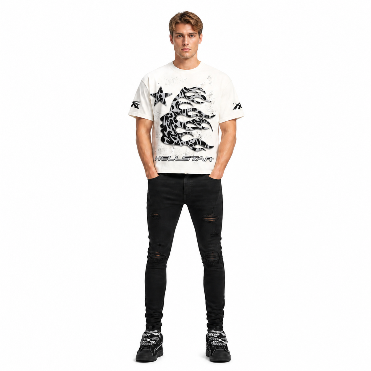 Hellstar Thorn Glitter T-Shirt White + Amiri Black MX1 Jeans