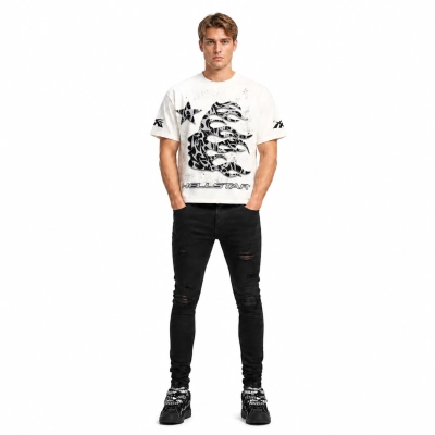 Hellstar Thorn Glitter T-Shirt White + Amiri Black MX1 Jeans 01