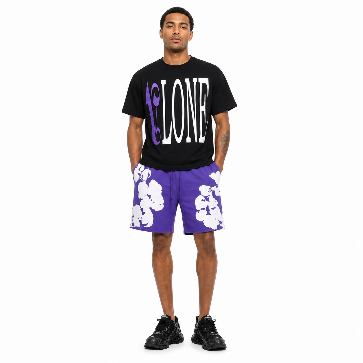 Vlone x Palm Angels T-Shirt Purple_Black + Denim Tears Big Cotton Wreath Shorts #8671 Black_Grey_Purple