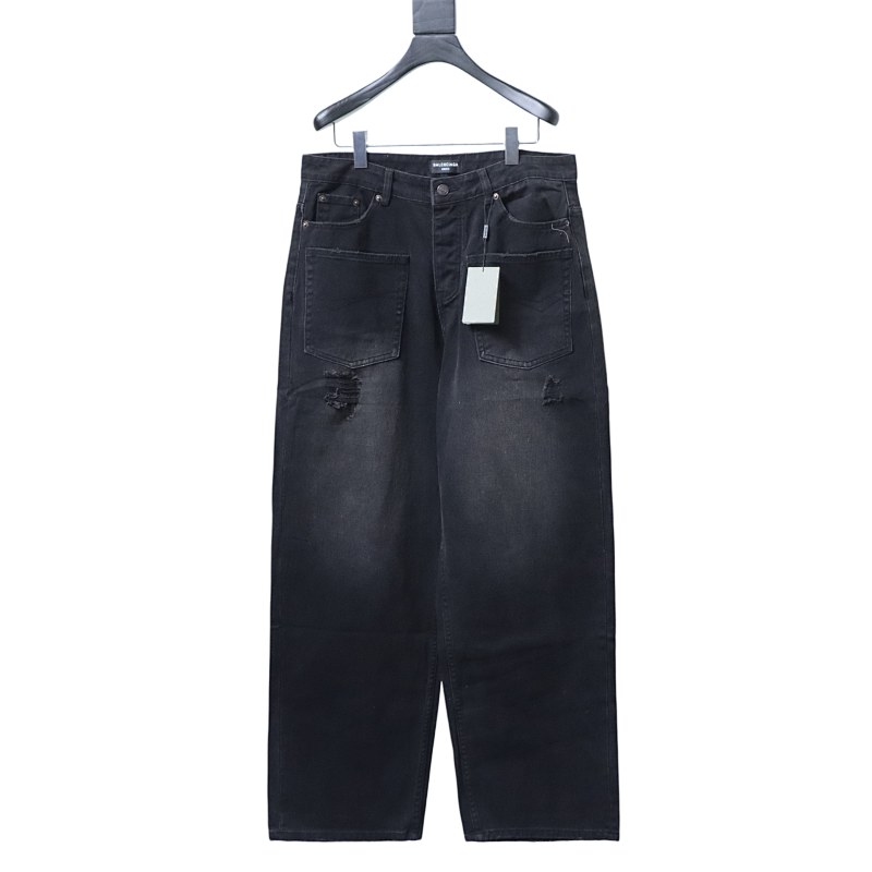Balenciaga 2024 SS New Reversed Pocket Jeans, Black Washed Distressed Jeans