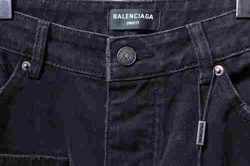 Balenciaga 2024 SS New Reversed Pocket Jeans, Black Washed Distressed Jeans