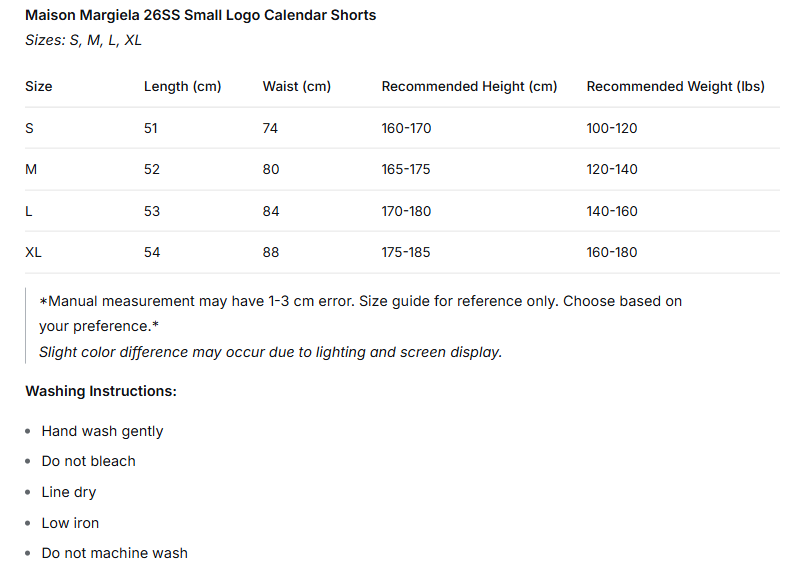Maison Margiela 26SS Small Label Calendar Shorts