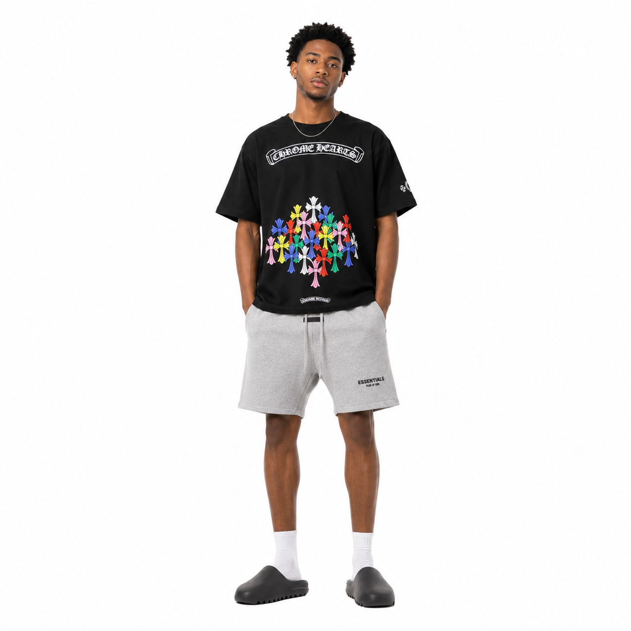 Chrome Hearts Multi Color Cross T-shirt Black_White + Fear of God Essentials Shorts CX58 LC8893