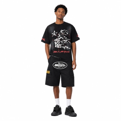 Hellstar T-Shirt Washed Black (NFC) EG692 + Corteiz Alcatraz Cargo Shorts Black 01