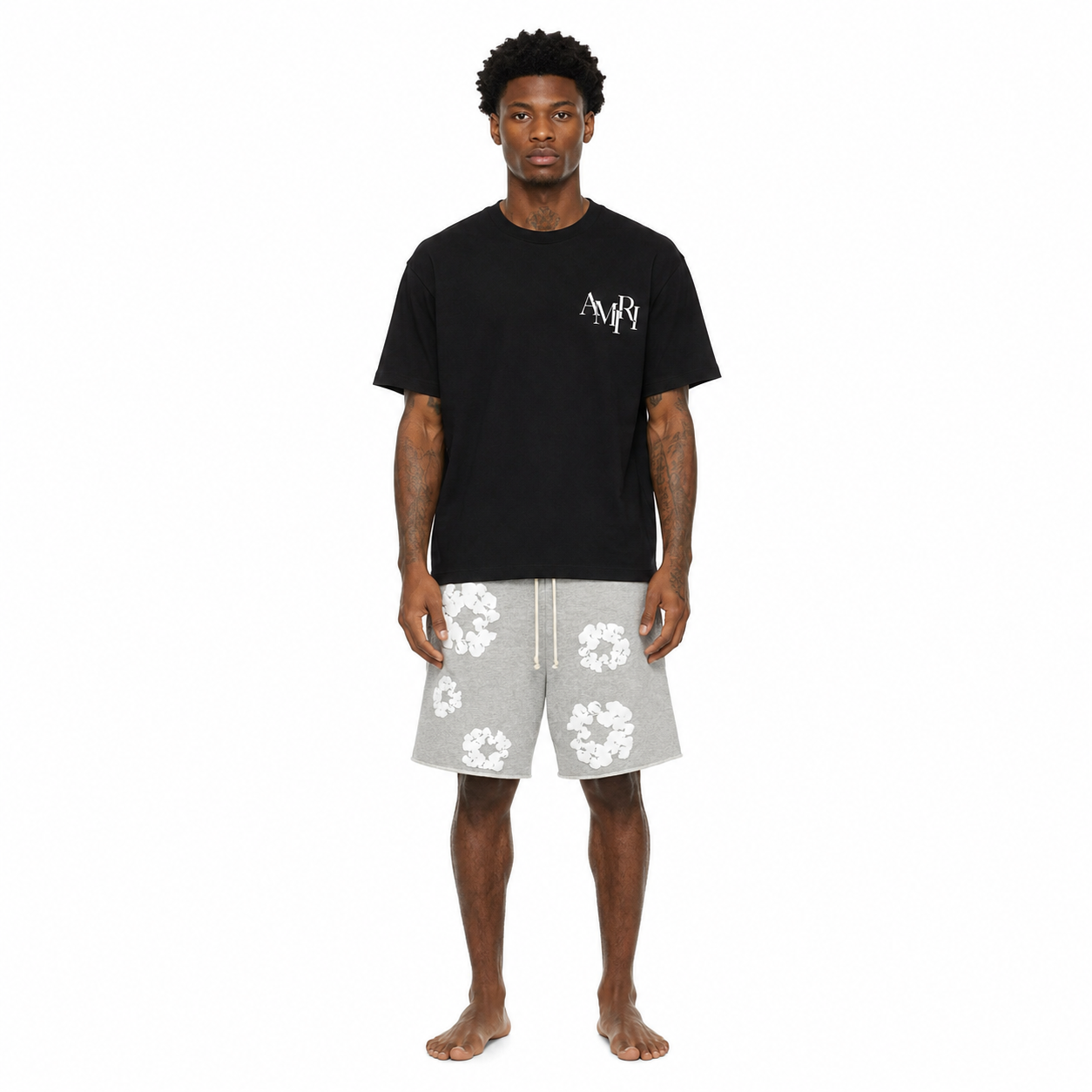 Amiri T-Shirt 677 + Denim Tears The Cotton Wreath Shorts Grey