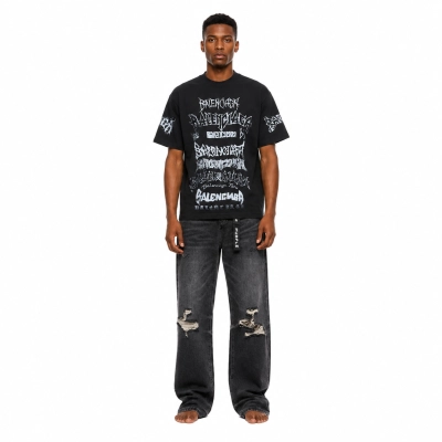 Balenciaga all-over letter print, direct-print breathable graffiti short-sleeved T-shirt + Purple Brand Fashion Jeans PU806# 01